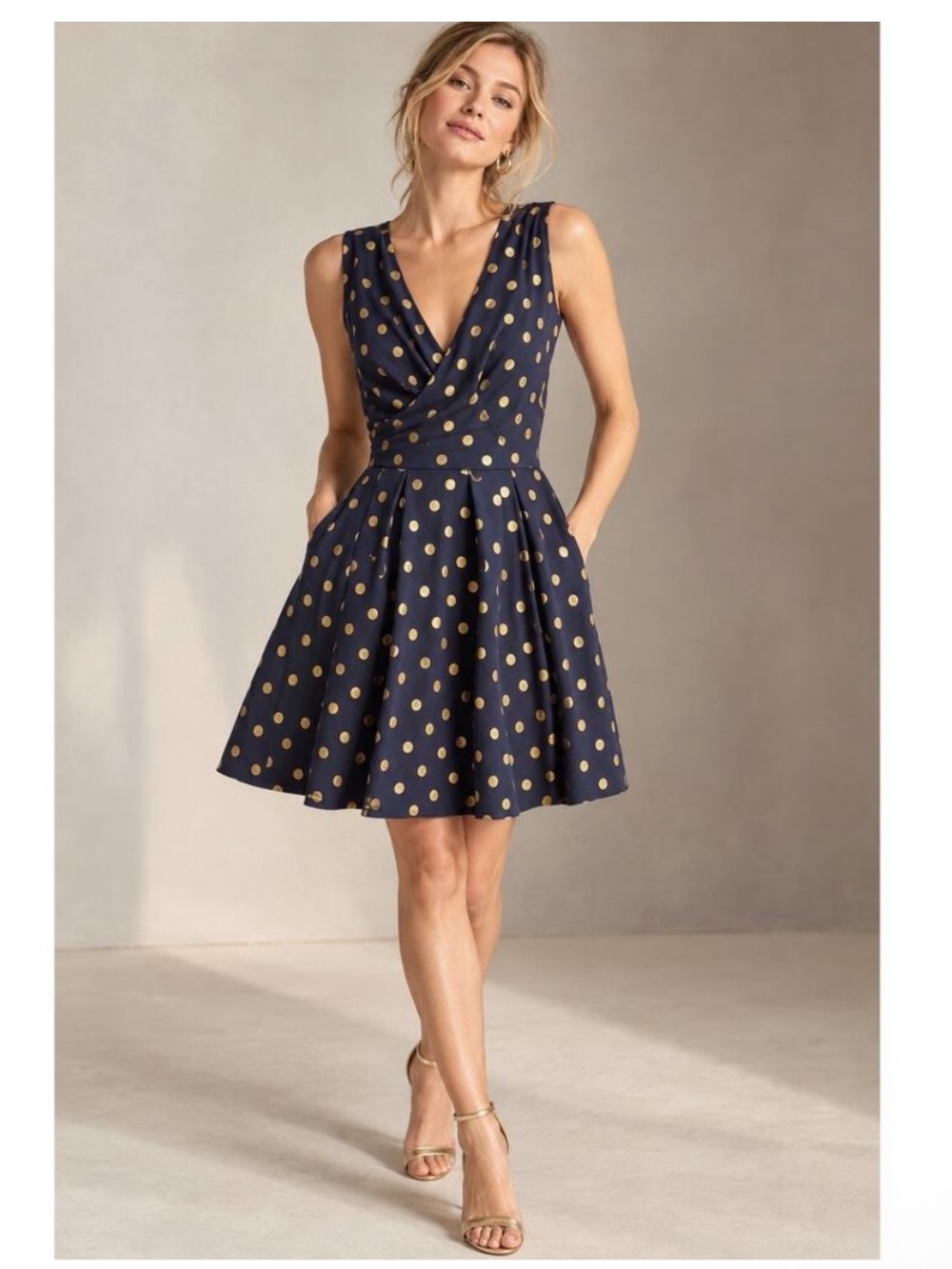 Anthropologie Maeve 💙💛💙💛 Ophira Dress - Navy w/ Gold Polka Dots - XS